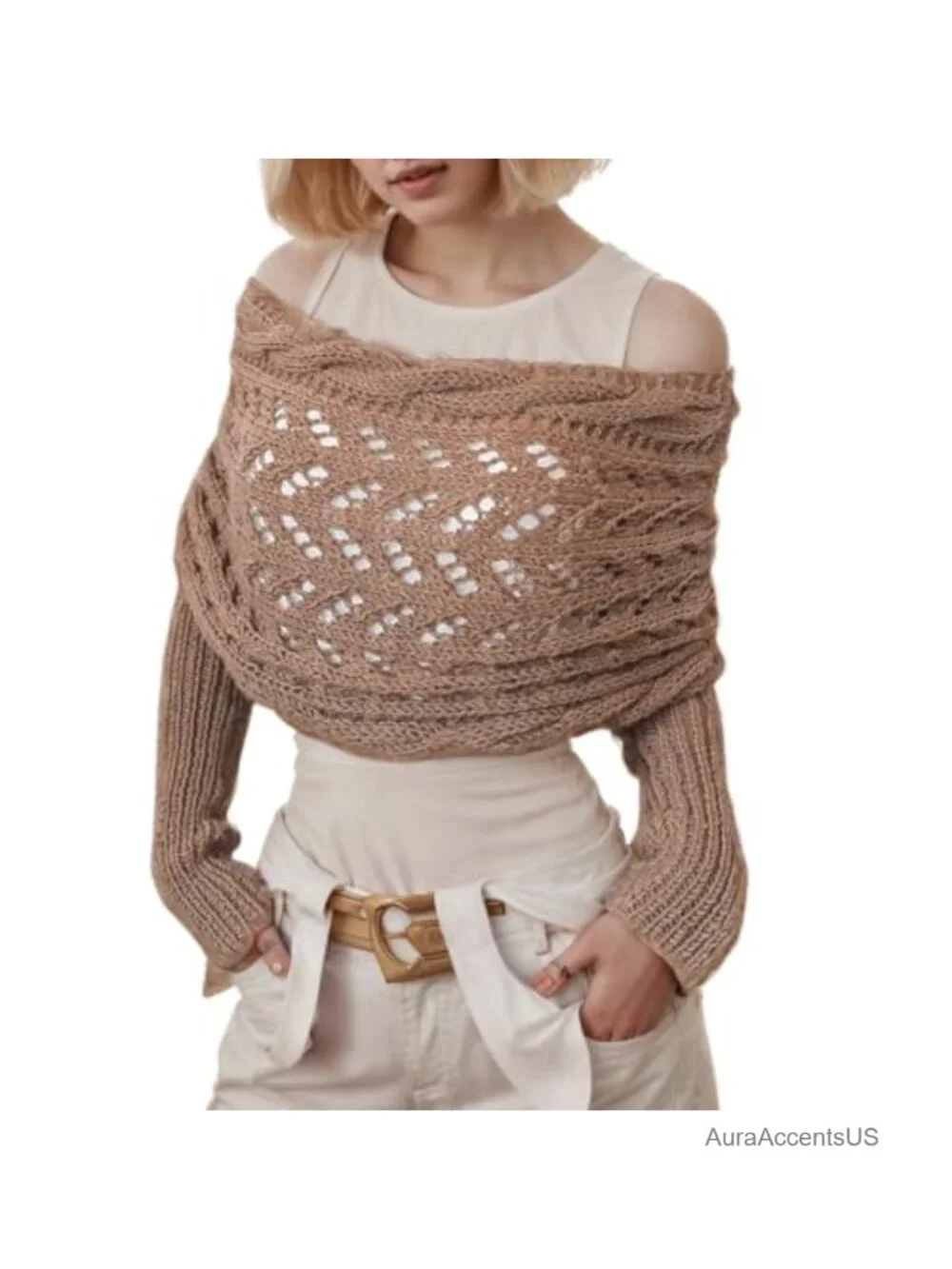 Women's Knit Sweater Scarf with Sleeves Cozy Winter Wrap Shrug Cape